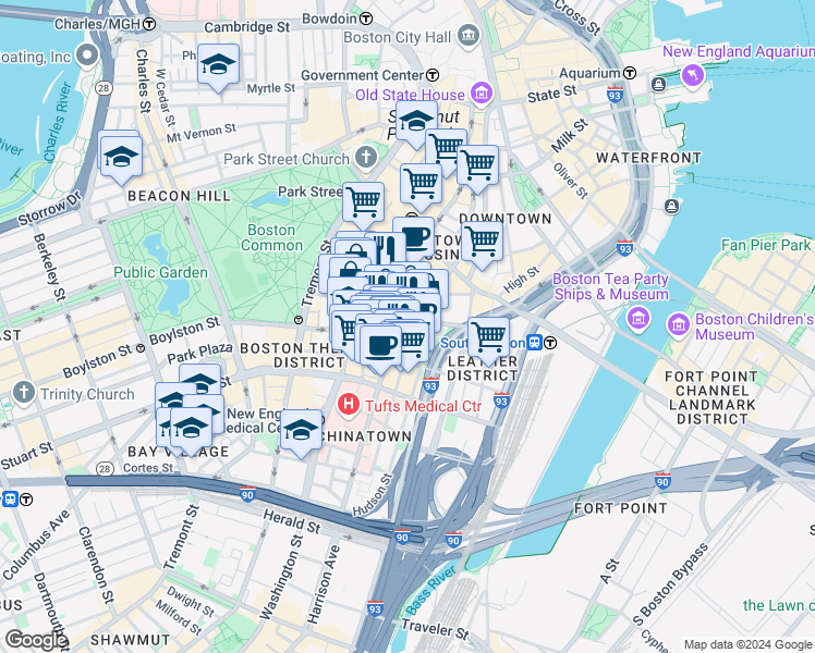 map of restaurants, bars, coffee shops, grocery stores, and more near 8 Harrison Avenue in Boston