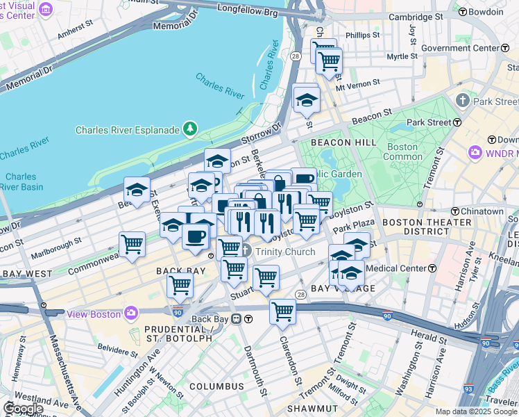 map of restaurants, bars, coffee shops, grocery stores, and more near in Boston