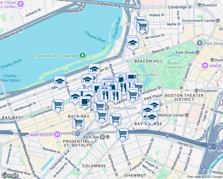 map of restaurants, bars, coffee shops, grocery stores, and more near in Boston