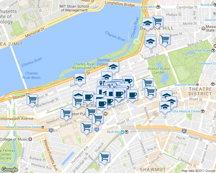 map of restaurants, bars, coffee shops, grocery stores, and more near 123 Commonwealth Avenue in Boston