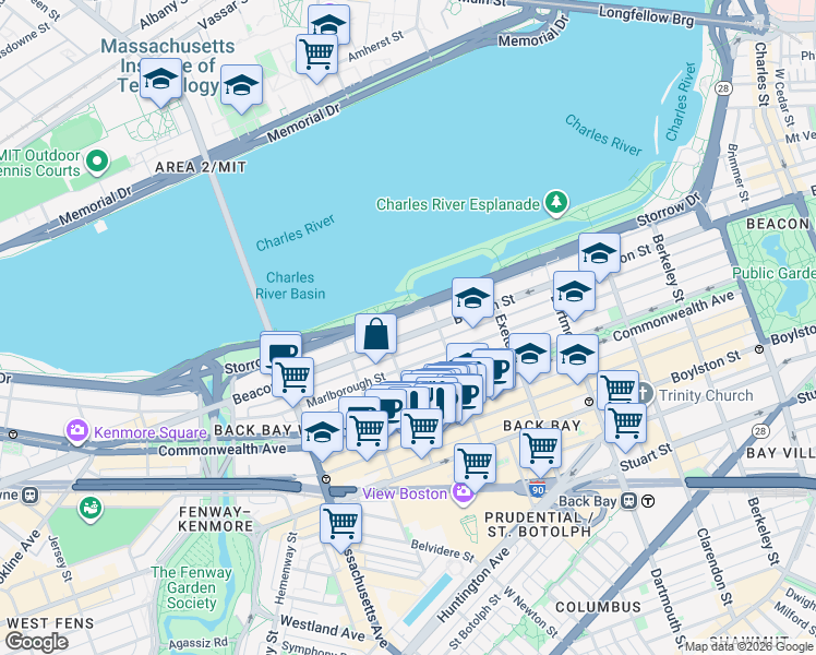 map of restaurants, bars, coffee shops, grocery stores, and more near 370 Beacon Street in Boston