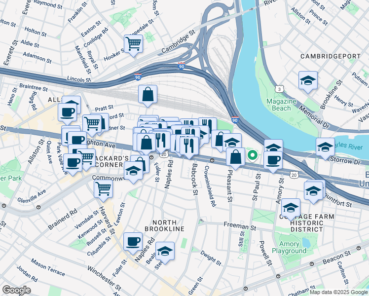 map of restaurants, bars, coffee shops, grocery stores, and more near 1047 Commonwealth Avenue in Boston