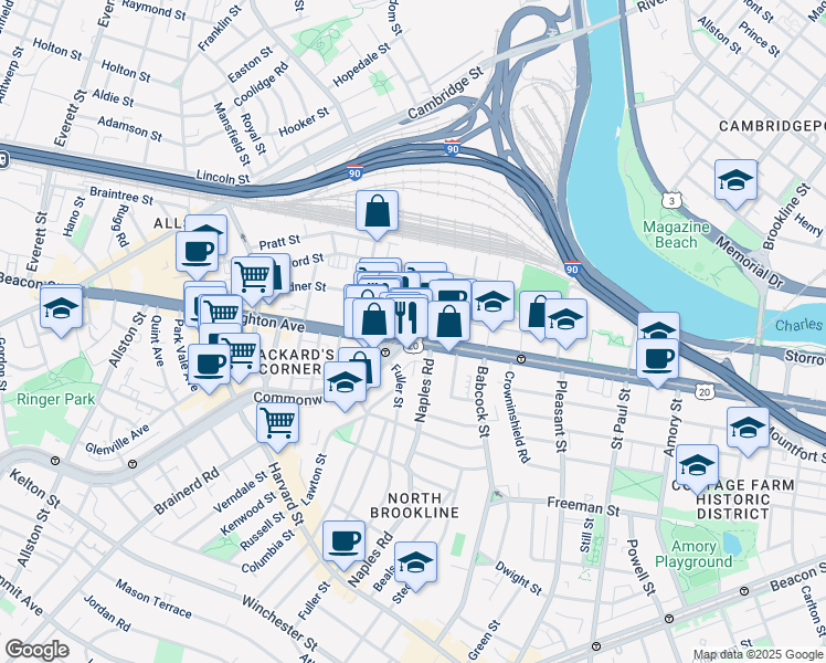 map of restaurants, bars, coffee shops, grocery stores, and more near 1083 Commonwealth Avenue in Boston