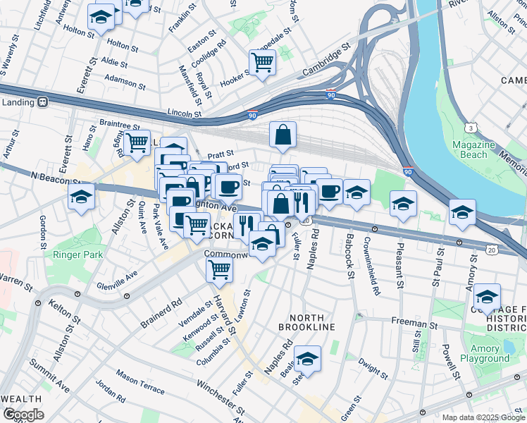 map of restaurants, bars, coffee shops, grocery stores, and more near 39 Brighton Avenue in Boston