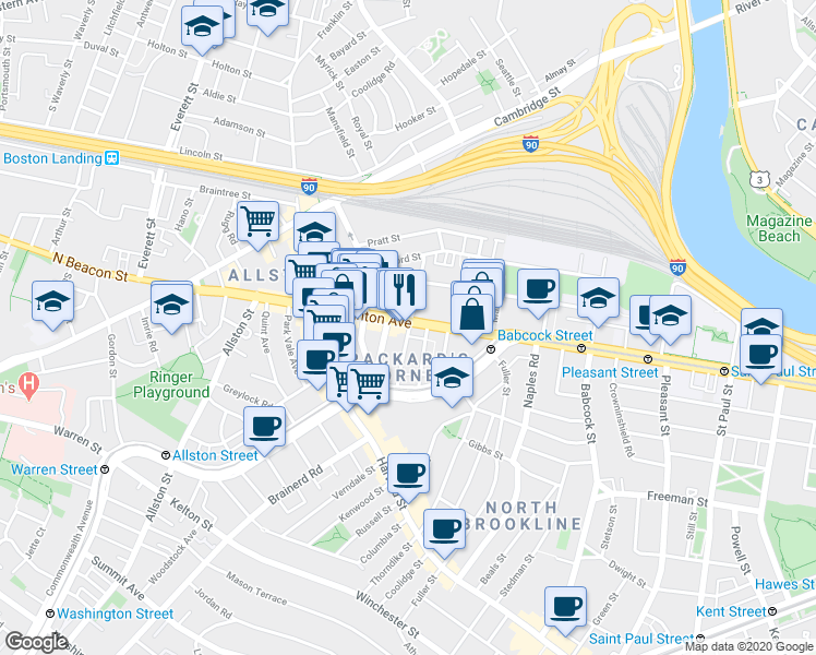 map of restaurants, bars, coffee shops, grocery stores, and more near 66 Brighton Avenue in Boston
