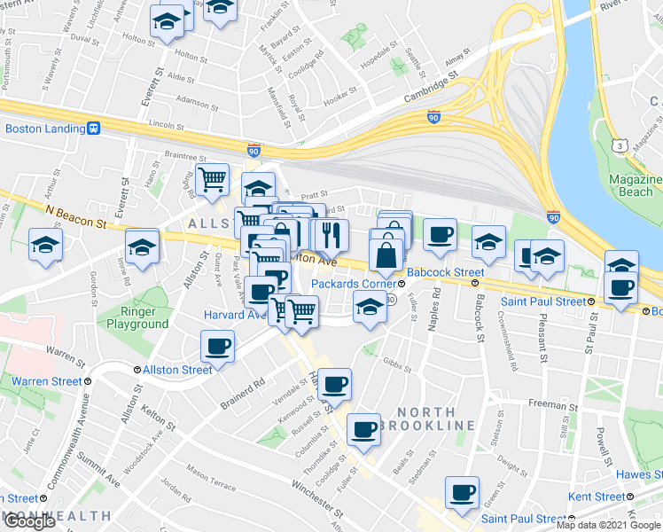 map of restaurants, bars, coffee shops, grocery stores, and more near 66 Brighton Avenue in Boston