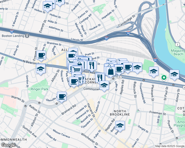 map of restaurants, bars, coffee shops, grocery stores, and more near 66 Brighton Avenue in Boston