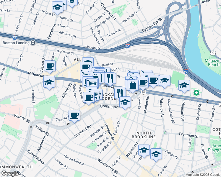 map of restaurants, bars, coffee shops, grocery stores, and more near 66 Brighton Avenue in Boston