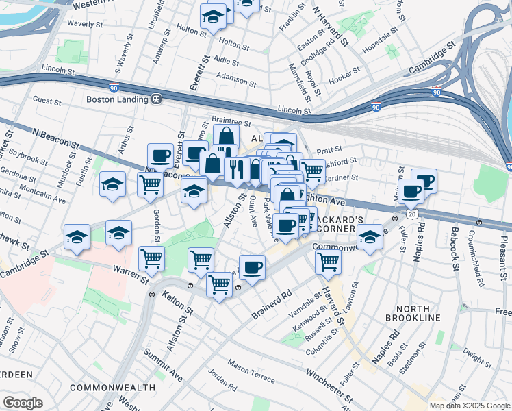 map of restaurants, bars, coffee shops, grocery stores, and more near 21 Quint Avenue in Boston