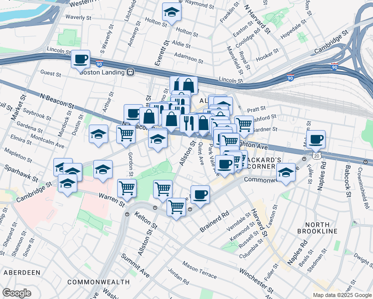 map of restaurants, bars, coffee shops, grocery stores, and more near 21-23 Higgins Street in Boston