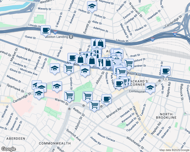 map of restaurants, bars, coffee shops, grocery stores, and more near 21-23 Higgins Street in Boston