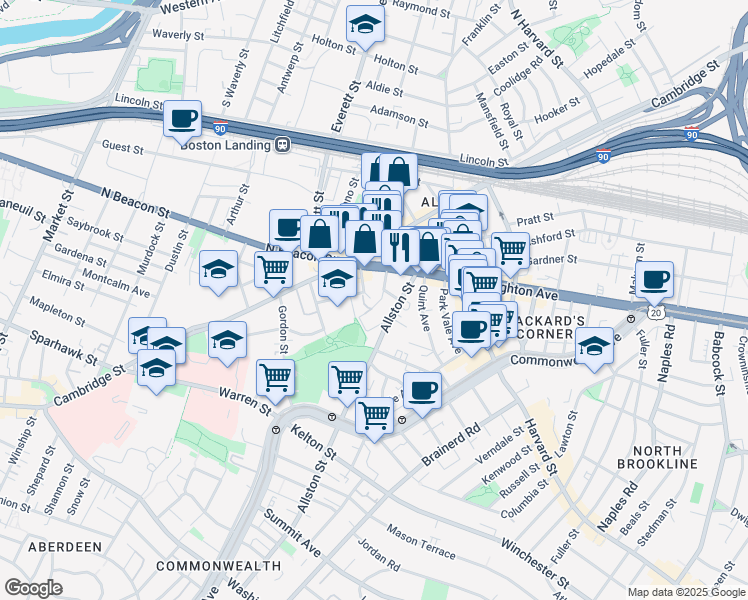 map of restaurants, bars, coffee shops, grocery stores, and more near 21-23 Higgins Street in Boston