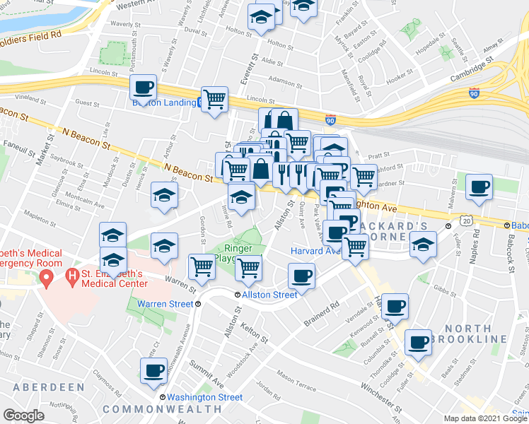 map of restaurants, bars, coffee shops, grocery stores, and more near 21-23 Higgins Street in Boston