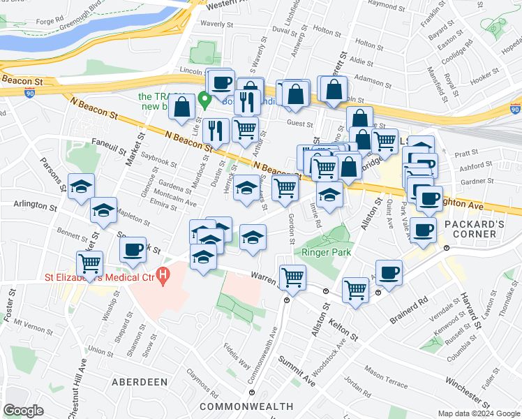 map of restaurants, bars, coffee shops, grocery stores, and more near 12 Saunders Street in Boston
