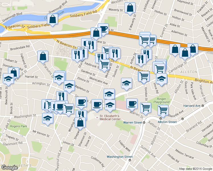 map of restaurants, bars, coffee shops, grocery stores, and more near 87 Murdock Street in Boston