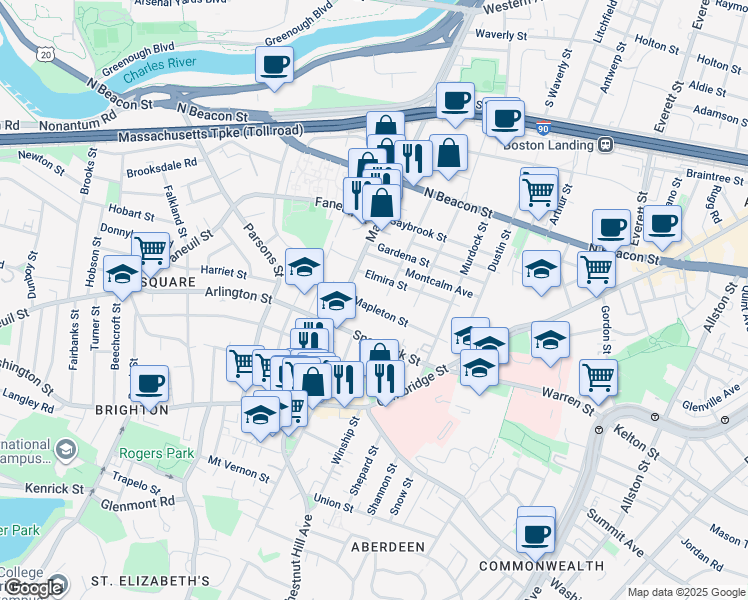 map of restaurants, bars, coffee shops, grocery stores, and more near 90 Glencoe Street in Boston