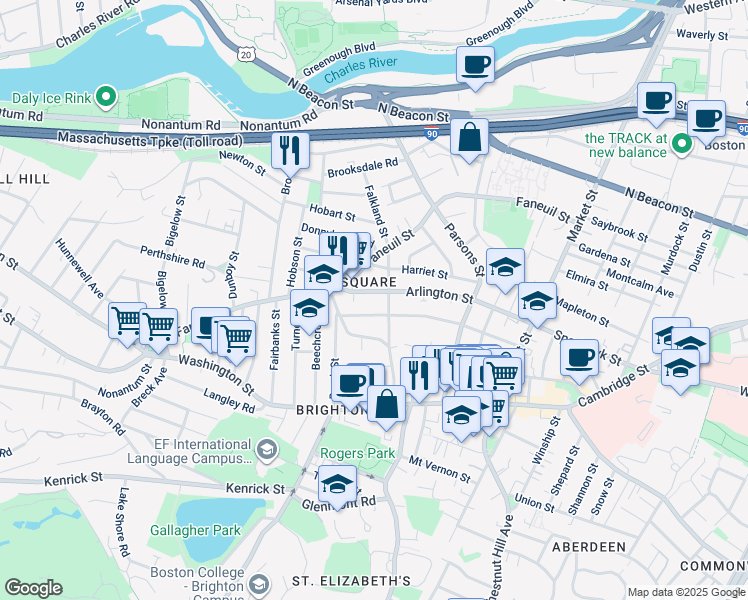 map of restaurants, bars, coffee shops, grocery stores, and more near 136 Arlington Street in Boston