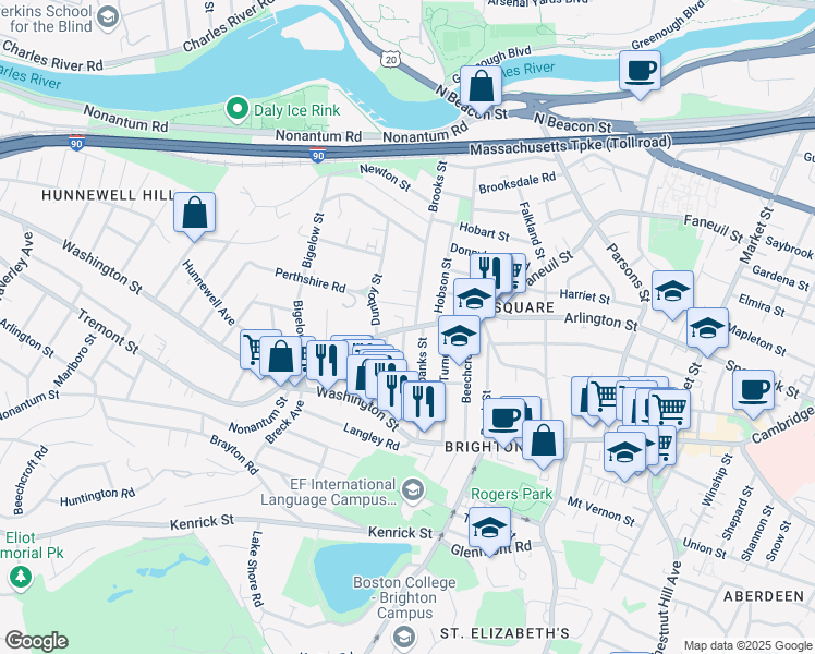map of restaurants, bars, coffee shops, grocery stores, and more near in Boston