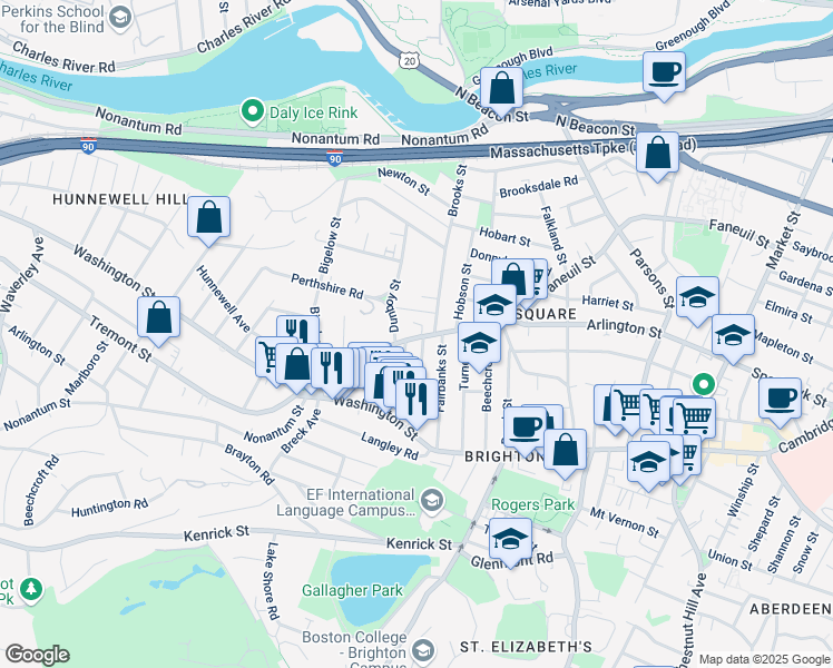map of restaurants, bars, coffee shops, grocery stores, and more near 335 Faneuil Street in Boston