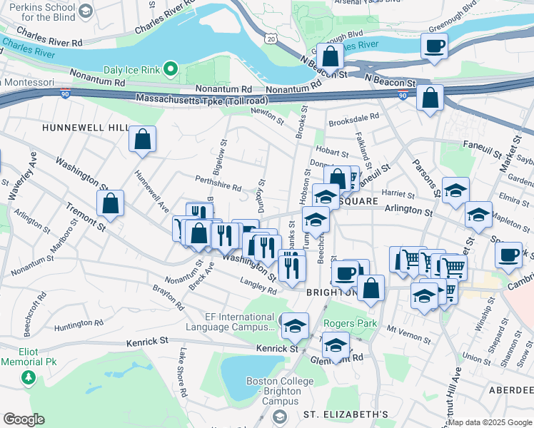 map of restaurants, bars, coffee shops, grocery stores, and more near 335 Faneuil Street in Boston