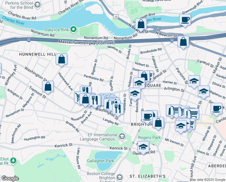 map of restaurants, bars, coffee shops, grocery stores, and more near 335 Faneuil Street in Boston