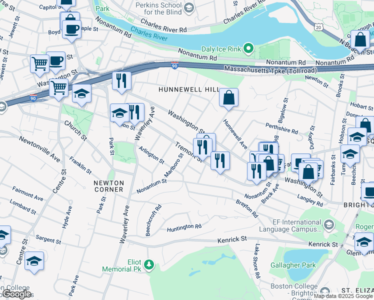 map of restaurants, bars, coffee shops, grocery stores, and more near 30 Playstead Road in Newton