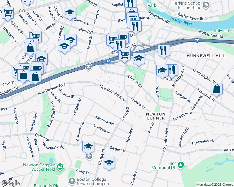 map of restaurants, bars, coffee shops, grocery stores, and more near 9 Mount Ida Street in Newton