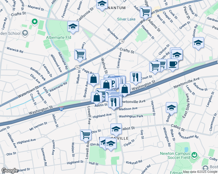 map of restaurants, bars, coffee shops, grocery stores, and more near 227 Walnut Street in Newton