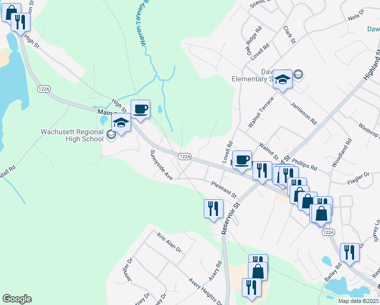 map of restaurants, bars, coffee shops, grocery stores, and more near 1304 Main Street in Holden