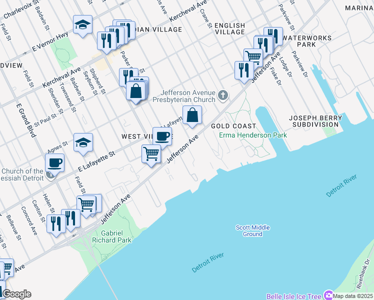 map of restaurants, bars, coffee shops, grocery stores, and more near 8115 East Jefferson Avenue in Detroit