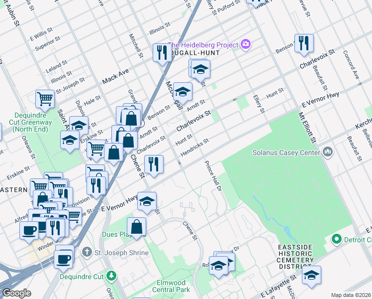 map of restaurants, bars, coffee shops, grocery stores, and more near in Detroit