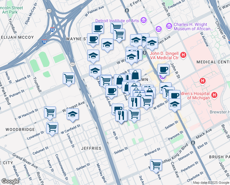 map of restaurants, bars, coffee shops, grocery stores, and more near 651 West Forest Avenue in Detroit