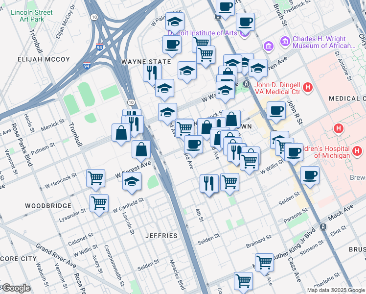 map of restaurants, bars, coffee shops, grocery stores, and more near 4626 3rd Avenue in Detroit