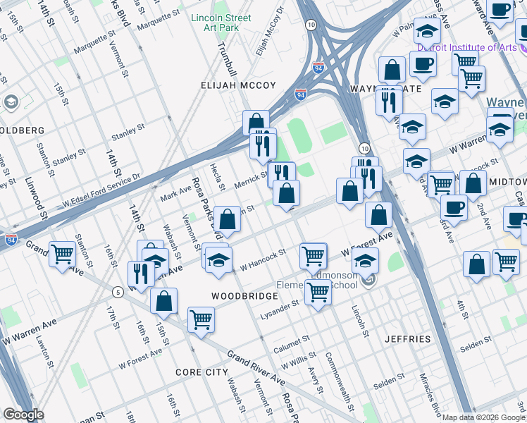 map of restaurants, bars, coffee shops, grocery stores, and more near 5053 Commonwealth Street in Detroit