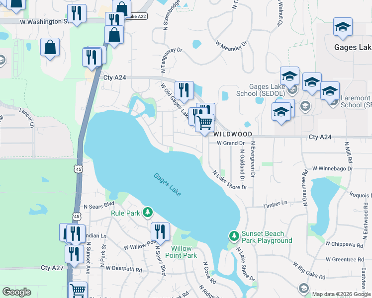 map of restaurants, bars, coffee shops, grocery stores, and more near 33670 North Lake Shore Drive in Grayslake