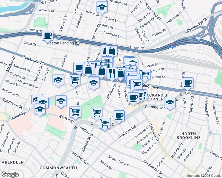 map of restaurants, bars, coffee shops, grocery stores, and more near 21-23 Higgins Street in Boston