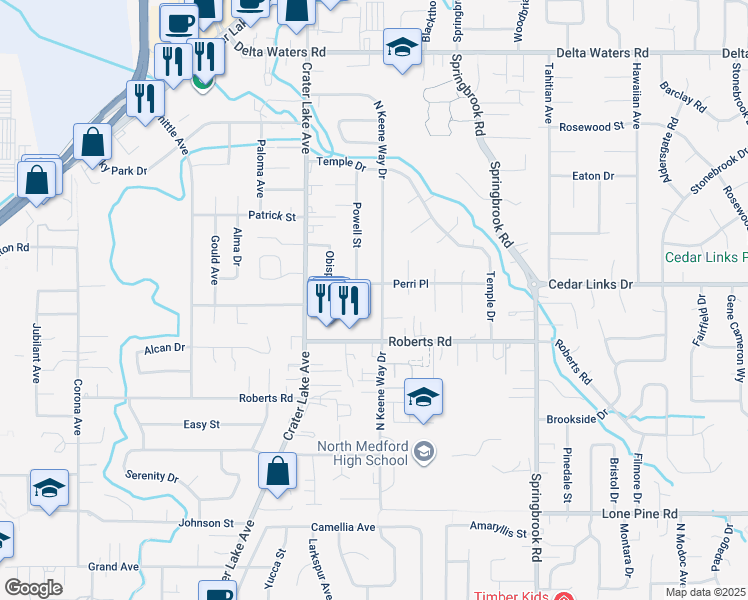 map of restaurants, bars, coffee shops, grocery stores, and more near 2405 North Keeneway Drive in Medford