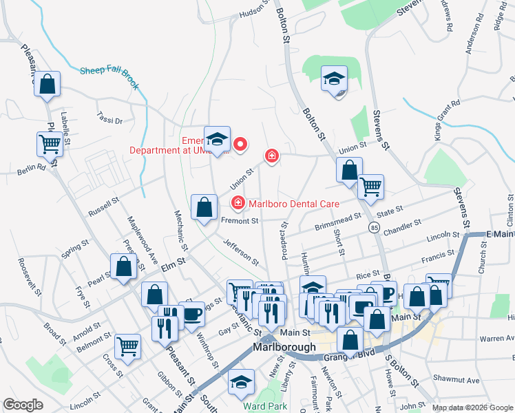 map of restaurants, bars, coffee shops, grocery stores, and more near 108 Highland Street in Marlborough
