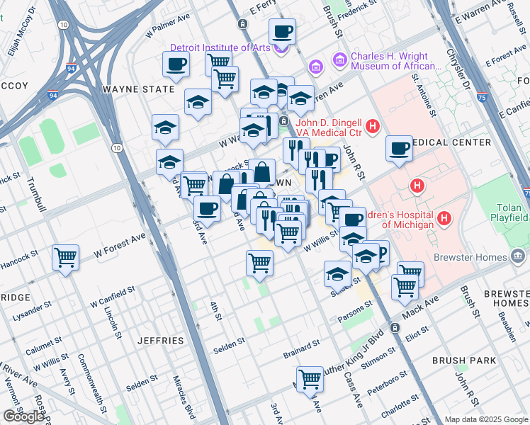 map of restaurants, bars, coffee shops, grocery stores, and more near 435 Prentis Street in Detroit
