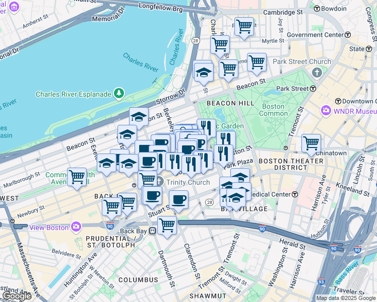 map of restaurants, bars, coffee shops, grocery stores, and more near 35 Newbury Street in Boston