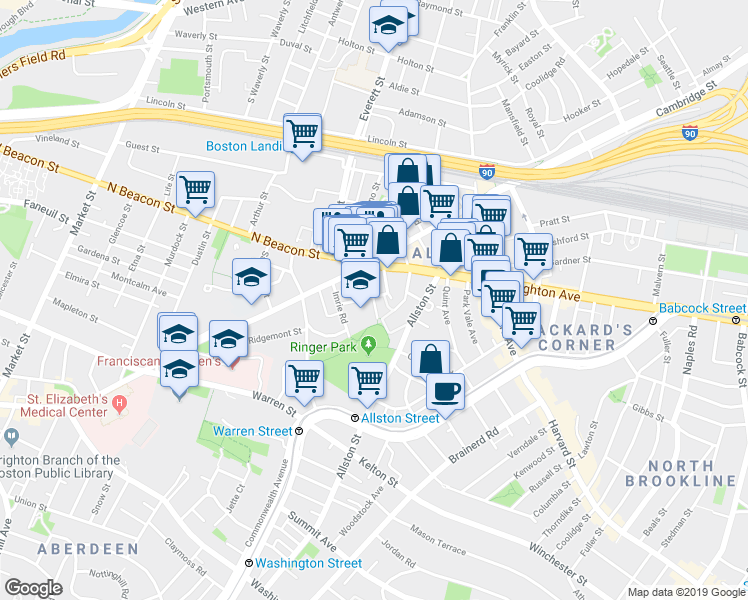 map of restaurants, bars, coffee shops, grocery stores, and more near 17 Webley Street in Boston