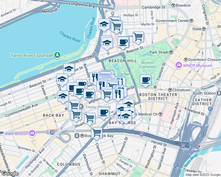 map of restaurants, bars, coffee shops, grocery stores, and more near in Boston
