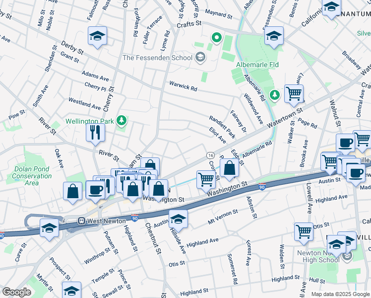 map of restaurants, bars, coffee shops, grocery stores, and more near 38 Adella Avenue in Newton