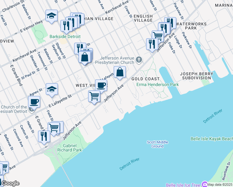 map of restaurants, bars, coffee shops, grocery stores, and more near 8115 East Jefferson Avenue in Detroit