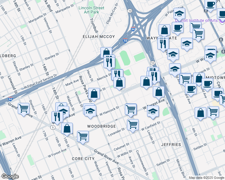 map of restaurants, bars, coffee shops, grocery stores, and more near 5040 Commonwealth Street in Detroit