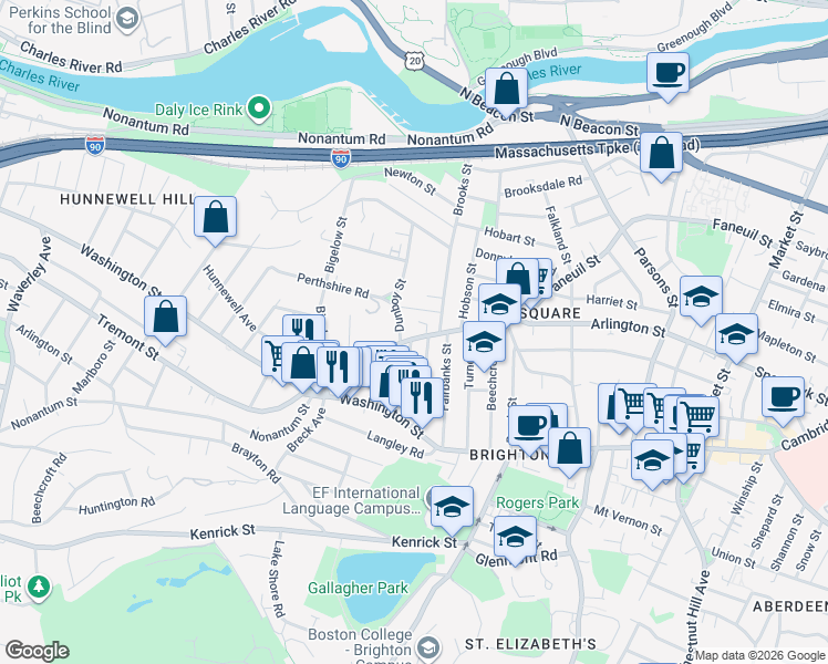 map of restaurants, bars, coffee shops, grocery stores, and more near 331 Faneuil Street in Boston