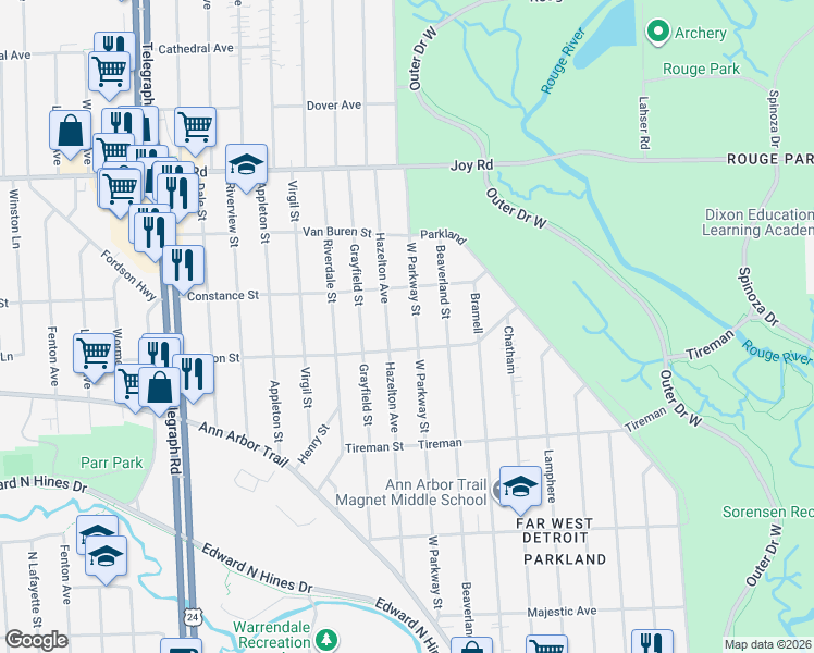 map of restaurants, bars, coffee shops, grocery stores, and more near 8245 West Parkway Street in Redford Charter Township
