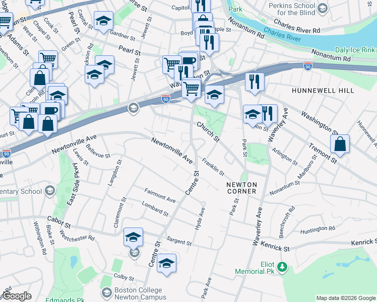 map of restaurants, bars, coffee shops, grocery stores, and more near 9 Mount Ida Street in Newton