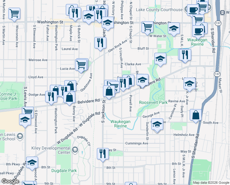 map of restaurants, bars, coffee shops, grocery stores, and more near 443 South Victory Street in Waukegan