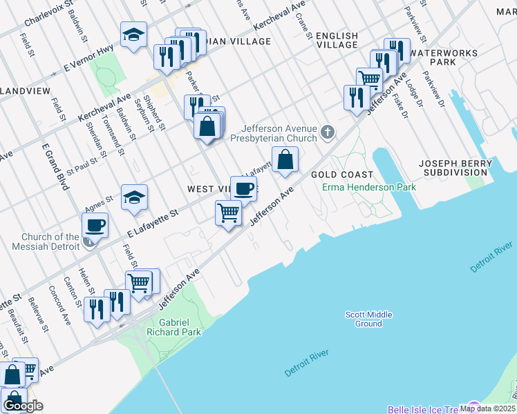 map of restaurants, bars, coffee shops, grocery stores, and more near 8109 East Jefferson Avenue in Detroit
